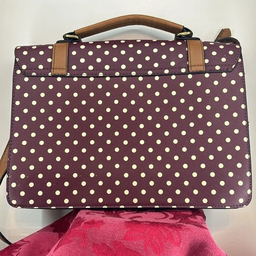 Burgundy Polka Dot Satchel Bag Tan Trim Crossbody Messenger‎ Top Handle Retro
